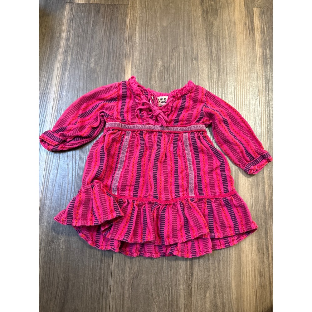 Sophie Catalou‎ Dress Baby 3-6M Pink Purple Striped Ruffle Cotton Long Sleeve